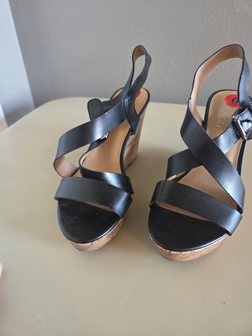 Franco Sarto Black Leather Cork Wedge Cork Wedge Sandals for Women Sz6